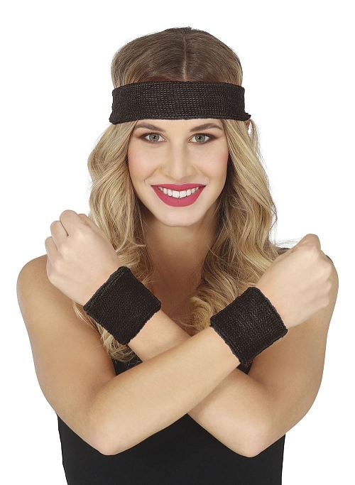 Retro sada potítek s čelenkou  - černé - 80.léta - disco - 3 ks