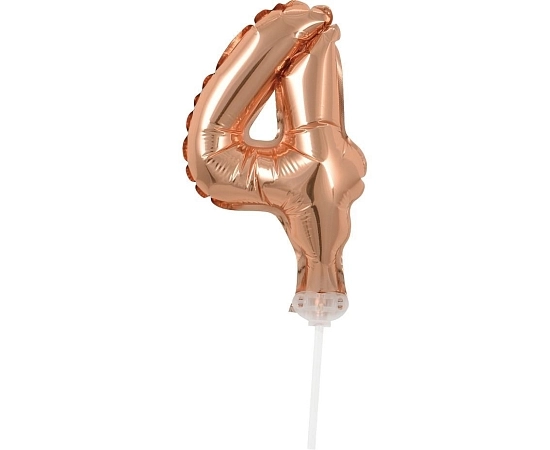 Balón foliový číslice - 4 - RŮŽOVO ZLATÁ - ROSE GOLD 12,5 cm s držákem
