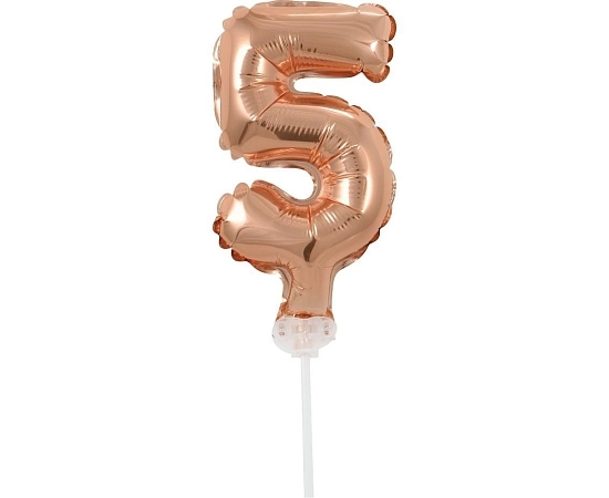 Balón foliový číslice - 5 - RŮŽOVO ZLATÁ - ROSE GOLD 12,5 cm s držákem