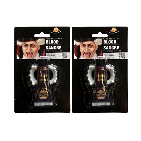 Upíří zuby s umělou krví 40ml - upír - vampír - drakula - Halloween - 4 ks