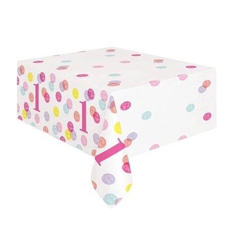 Ubrus 1. narozeniny růžový s puntíky - HOLKA - 137 x 213 cm - Happy birthday