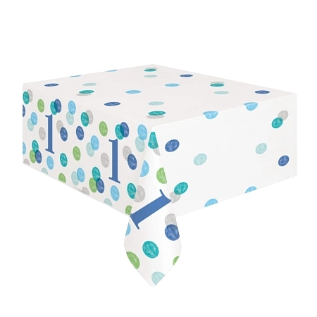Ubrus 1. narozeniny modrý s puntíky - KLUK - 137 x 213 cm - Happy birthday