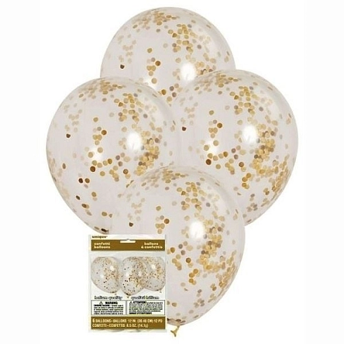 BALÓNKY 30cm - průhledné se zlatými konfetami - 6 ks